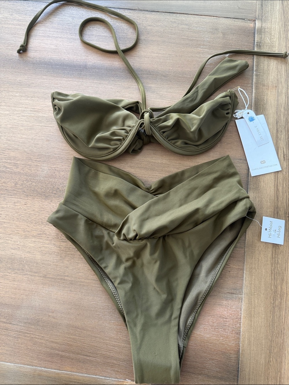 Caroline Constas Olive Green Twist-Front High-Waist Bikini